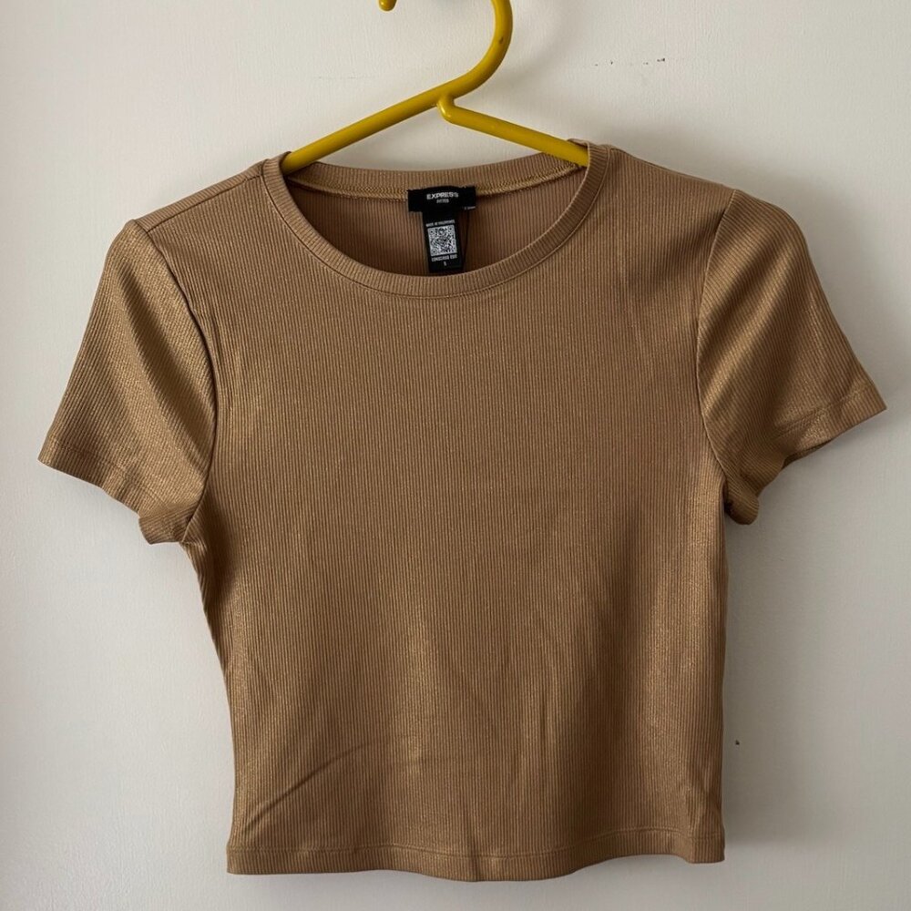 New Express Fitted Tee - Size Small Gold Glitter Scoop Neck Short Sleeve Tee